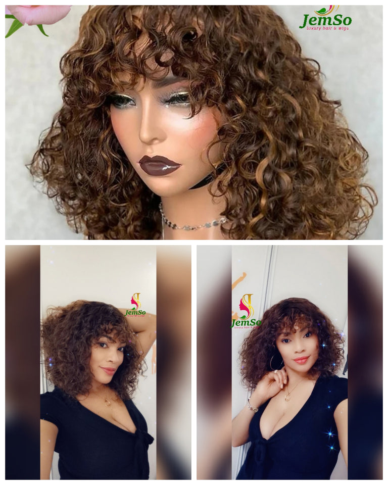 Perruque Naturelle BOB Curly, coupe chinoise , 100%cheveux humains, perruque couleur miel 200% de densité